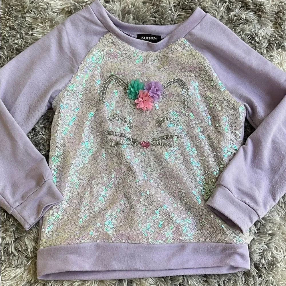 Zunie Purple Sequin Floral Cat Sweatshirt